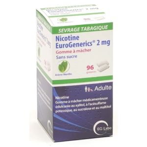 Nicotine 2 mg menthe sans sucre gommes EuroGenerics x96 gommes