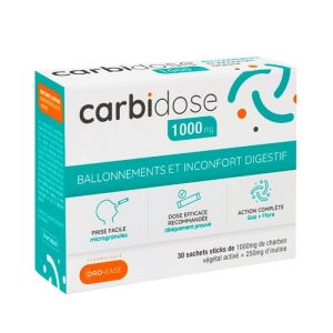 Carbidose 1000mg 30 sachets sticks Charbon végétal activé + inuline