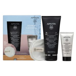 COFFRET - DOUBLE NETTOYAGE - Gel Nettoyant Noir 150ml + Lait Nettoyant 3-en-1 50ml + Cotons Réutilisables 2 Unités