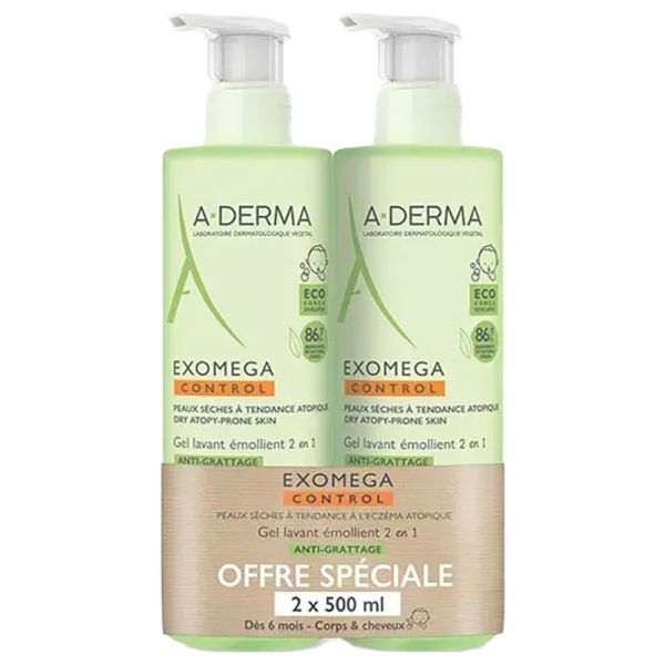 Exomega Control Gel Lavant Émollient 2en1 Anti-Grattage Lot de 2 x 500 ml