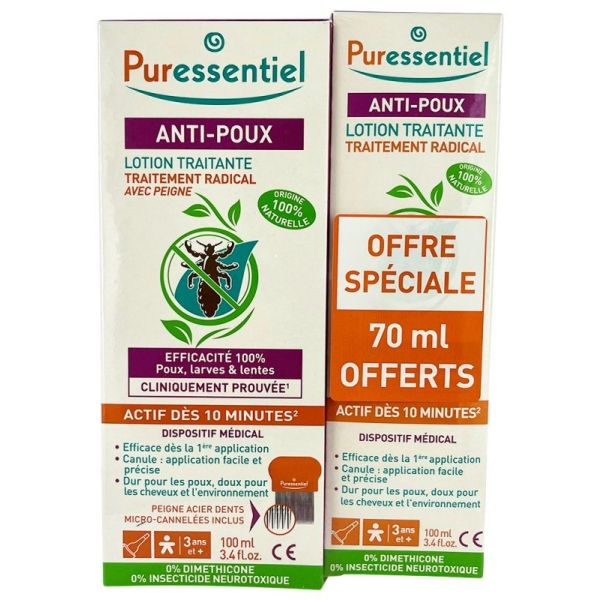 Anti-Poux Lotion Traitante Lot de 2 x 100 ml dont 70 ml Offert + Peigne