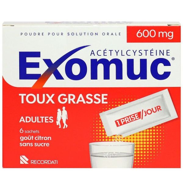 Exomuc Acétylcystéine toux grasse adulte goût citron sans sucre 6 sachets