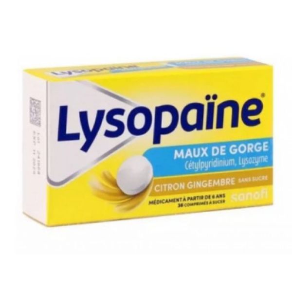 Lysopaïne Maux de gorge citron gingembre sans sucre 36 comprimés