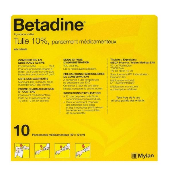 Betadine tulle 10% 10 pansements 10x10cm