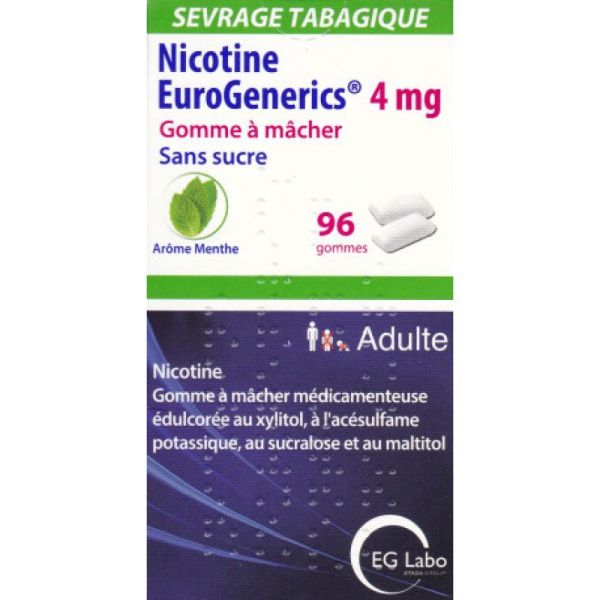 Nicotine Menthe 4 mg sans sucre gommes à mâcher x96