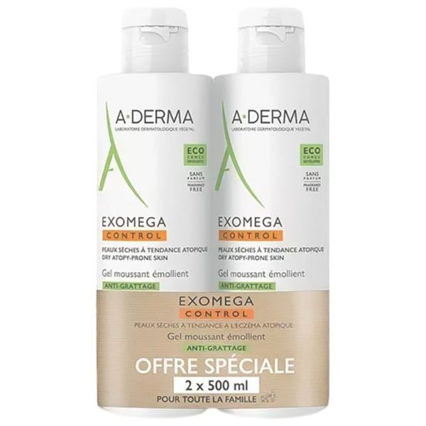 Exomega Control Gel Moussant Émollient Anti-Grattage Lot de 2 x 500 ml