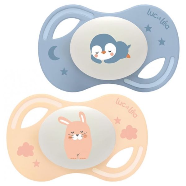 Duo de sucettes nuit anatomiques extra-fines – Lapin et Pingouin 0-6m