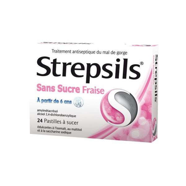 Strepsils fraise sans sucre 24 pastilles à sucer