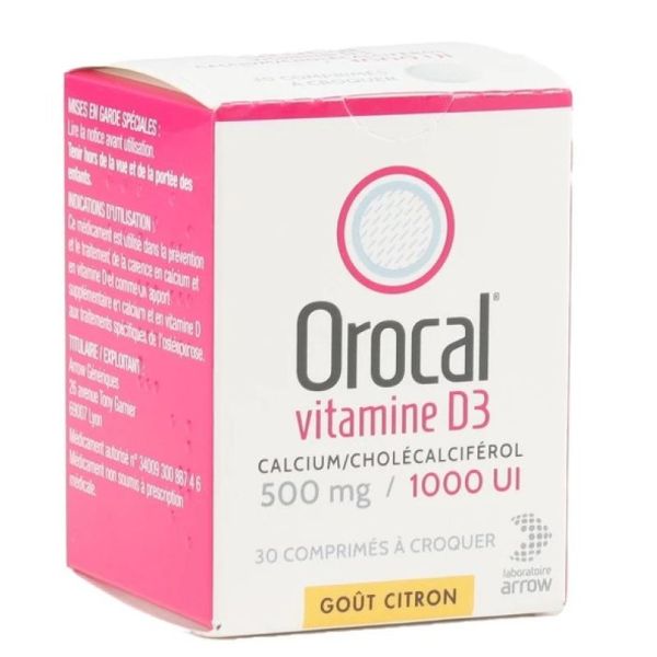 Orocal Vitamine D3 500 mg/1000 UI Goût Citron 30 comprimés