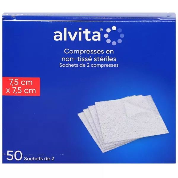 Alvita 100 compresses non-tissées stériles 7.7x7.5cm
