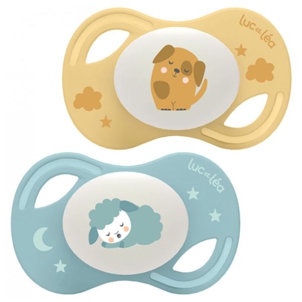 Duo de sucettes nuit anatomiques extra-fines – Chien et Mouton 0-6m