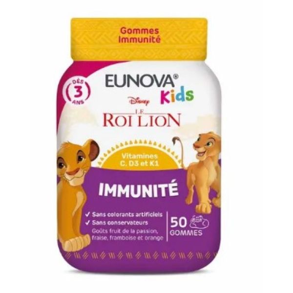 Eunova Kids Gommes Immunité Le Roi Lion Goûts Fruit De La Passion, Fraise, Framboise Et Orange 50 gummies