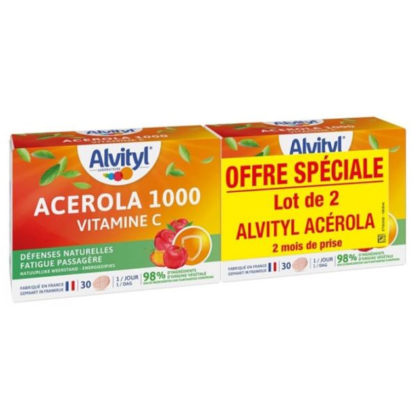 Acérola 1000 Vitamine C Lot de 2 x 30 Comprimés à Croquer